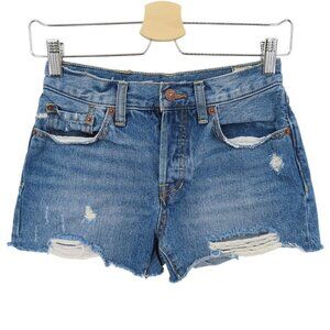 We The Free People Women 24 Distressed Raw Hem Blue Denim Jean Shorts Button Fly